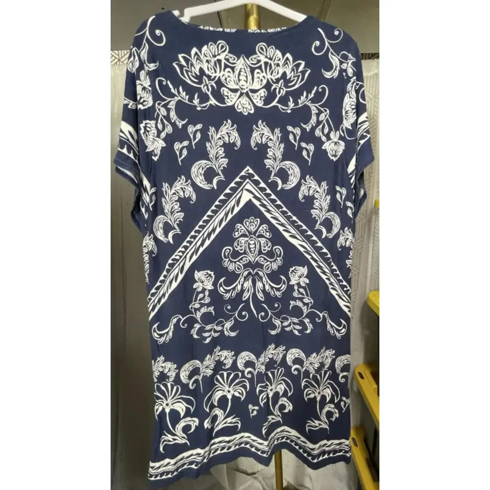 Chicos Geometric Scrolls Dress Navy White Paisley Floral Stretchy Shift Sz 2 (L)